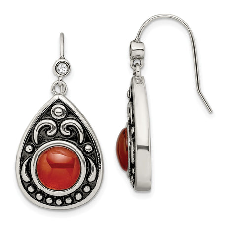 Stainless Steel Teardrop Dangle Earrings with Cubic Zirconia and Red Agate, Boho Vintage Style