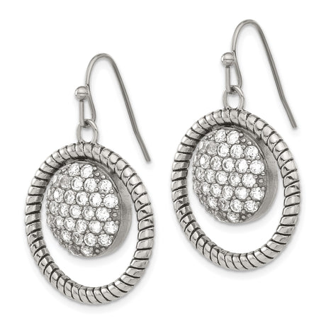 Stainless Steel Dangle Earrings with Cubic Zirconia, Textured Rope Edge and Circular Drop Design