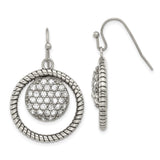 Stainless Steel Dangle Earrings with Cubic Zirconia, Textured Rope Edge and Circular Drop Design