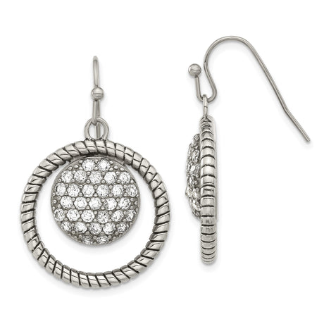 Stainless Steel Dangle Earrings with Cubic Zirconia, Textured Rope Edge and Circular Drop Design