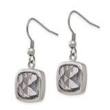 Stainless Steel Dangle Earrings with Cushion Cut Gray Faceted Glass, Hook Drop Style