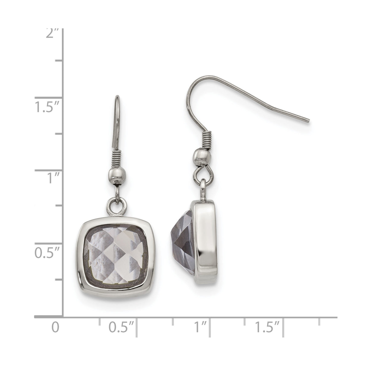 Stainless Steel Dangle Earrings with Cushion Cut Gray Faceted Glass, Hook Drop Style