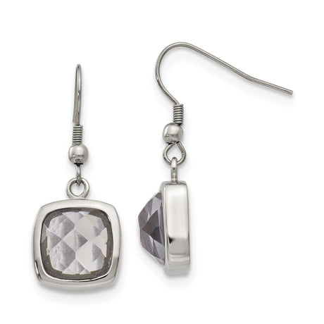 Stainless Steel Dangle Earrings with Cushion Cut Gray Faceted Glass, Hook Drop Style
