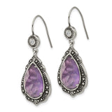 Stainless Steel Drop Earrings with Purple Cubic Zirconia Teardrops, Vintage Beaded Detailing