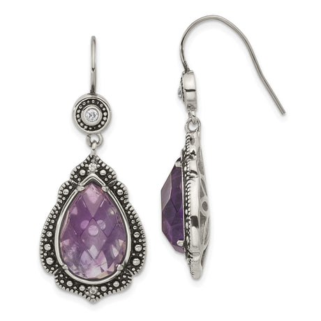 Stainless Steel Drop Earrings with Purple Cubic Zirconia Teardrops, Vintage Beaded Detailing