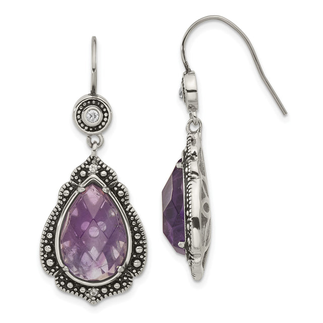 Stainless Steel Drop Earrings with Purple Cubic Zirconia Teardrops, Vintage Beaded Detailing