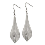 Stainless Steel Drop Earrings with Cubic Zirconia, Brushed Finish Leaf Design