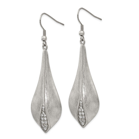Stainless Steel Drop Earrings with Cubic Zirconia, Brushed Finish Leaf Design