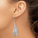 Stainless Steel Drop Earrings with Cubic Zirconia, Brushed Finish Leaf Design