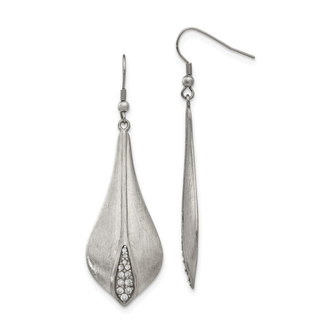 Stainless Steel Drop Earrings with Cubic Zirconia, Brushed Finish Leaf Design