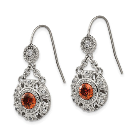 Stainless Steel Dangle Earrings with Orange Cubic Zirconia and Vintage Round Design