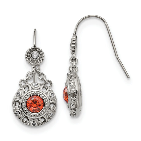 Stainless Steel Dangle Earrings with Orange Cubic Zirconia and Vintage Round Design