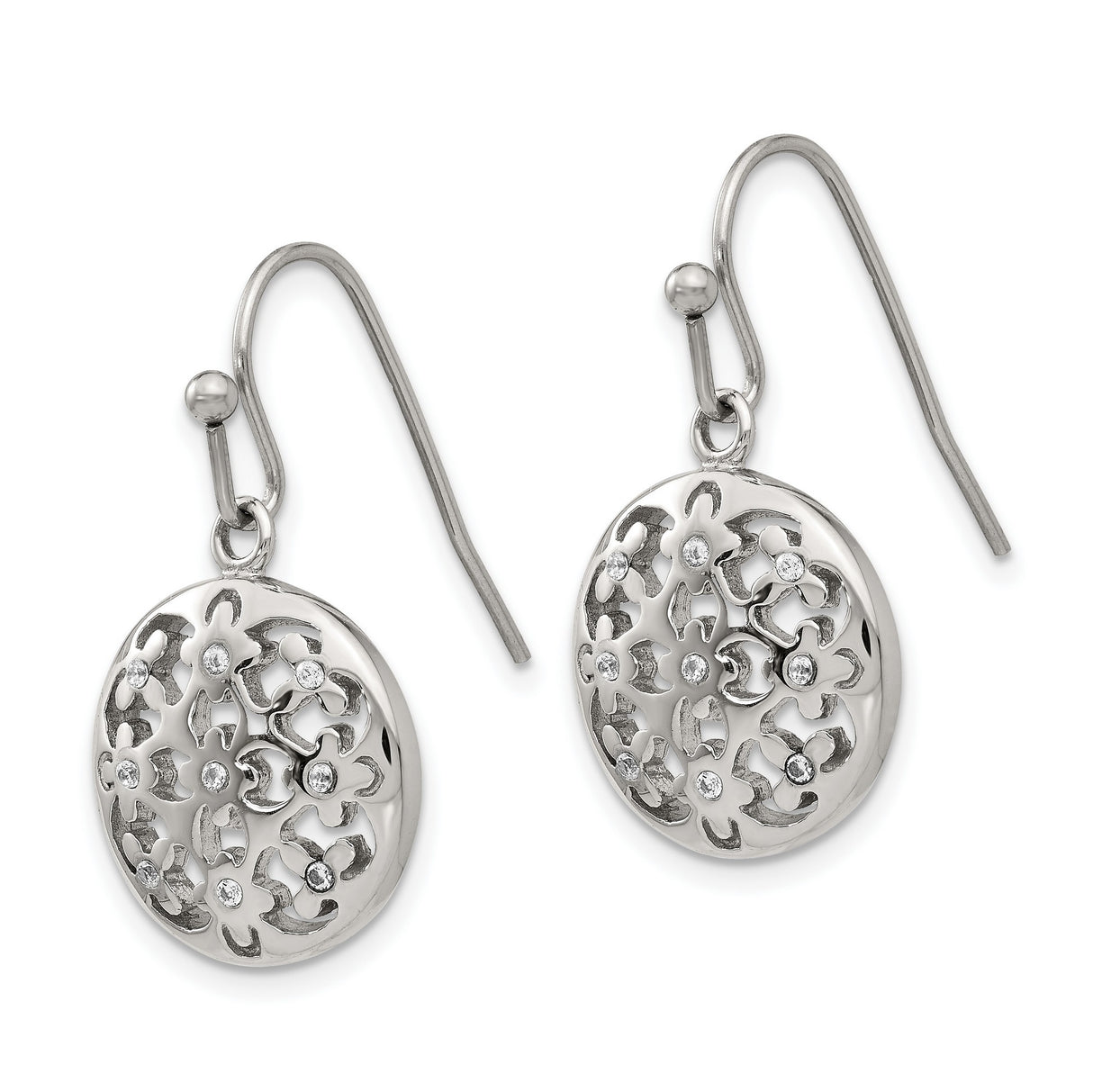 Stainless Steel Dangle Earrings with Cubic Zirconia, Round Floral Cutout Design