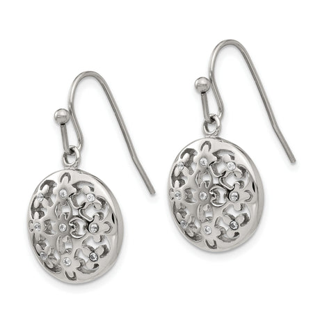 Stainless Steel Dangle Earrings with Cubic Zirconia, Round Floral Cutout Design