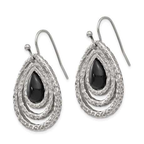 Stainless Steel Teardrop Dangle Earrings with Onyx and Hammered Texture, Layered Open Design
