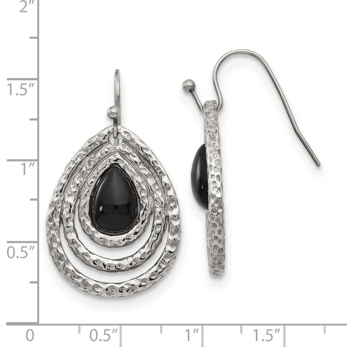 Stainless Steel Teardrop Dangle Earrings with Onyx and Hammered Texture, Layered Open Design