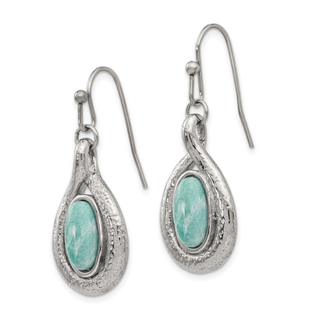 Stainless Steel Dangle Earrings with Created Jade, Hammered Teardrop Boho Design for Women