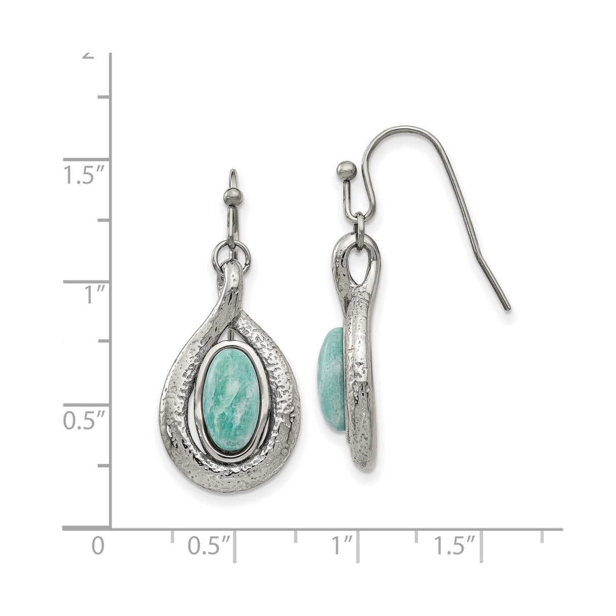 Stainless Steel Dangle Earrings with Created Jade, Hammered Teardrop Boho Design for Women