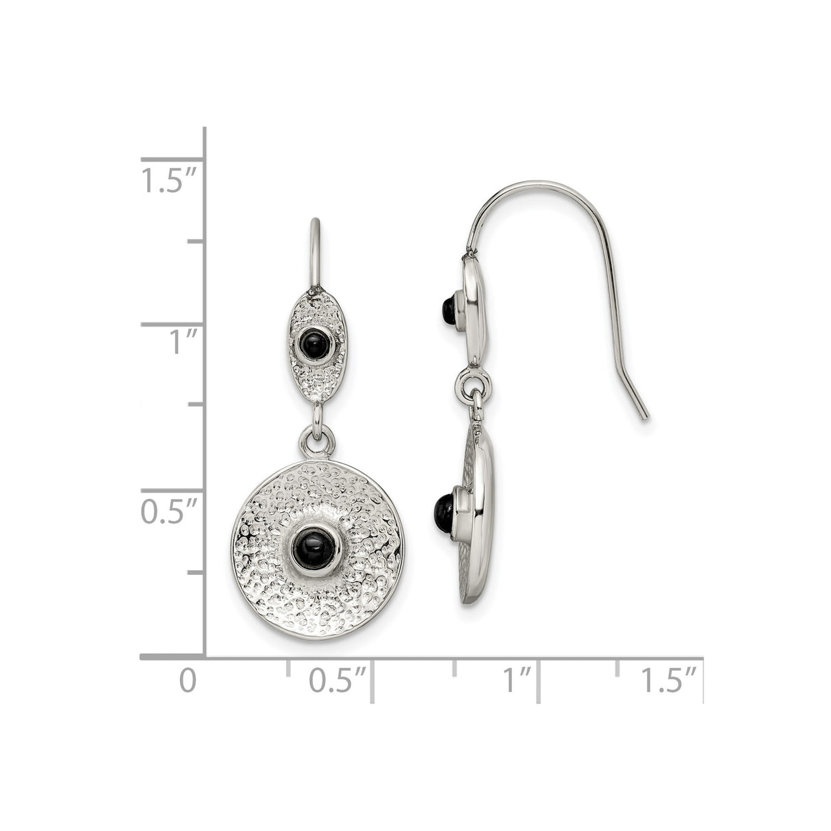 316 Stainless Steel Dangle Earrings with Black Onyx, Hammered Texture, Oval and Circle Design