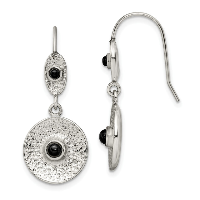 316 Stainless Steel Dangle Earrings with Black Onyx, Hammered Texture, Oval and Circle Design