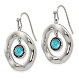 Stainless Steel Dangle Earrings with Faceted Turquoise Blue Glass Stone, Beaded Bezel and Open Circle Design