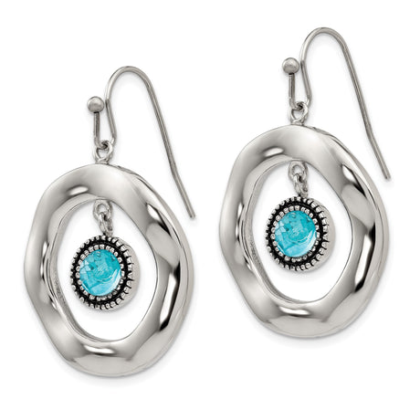 Stainless Steel Dangle Earrings with Faceted Turquoise Blue Glass Stone, Beaded Bezel and Open Circle Design