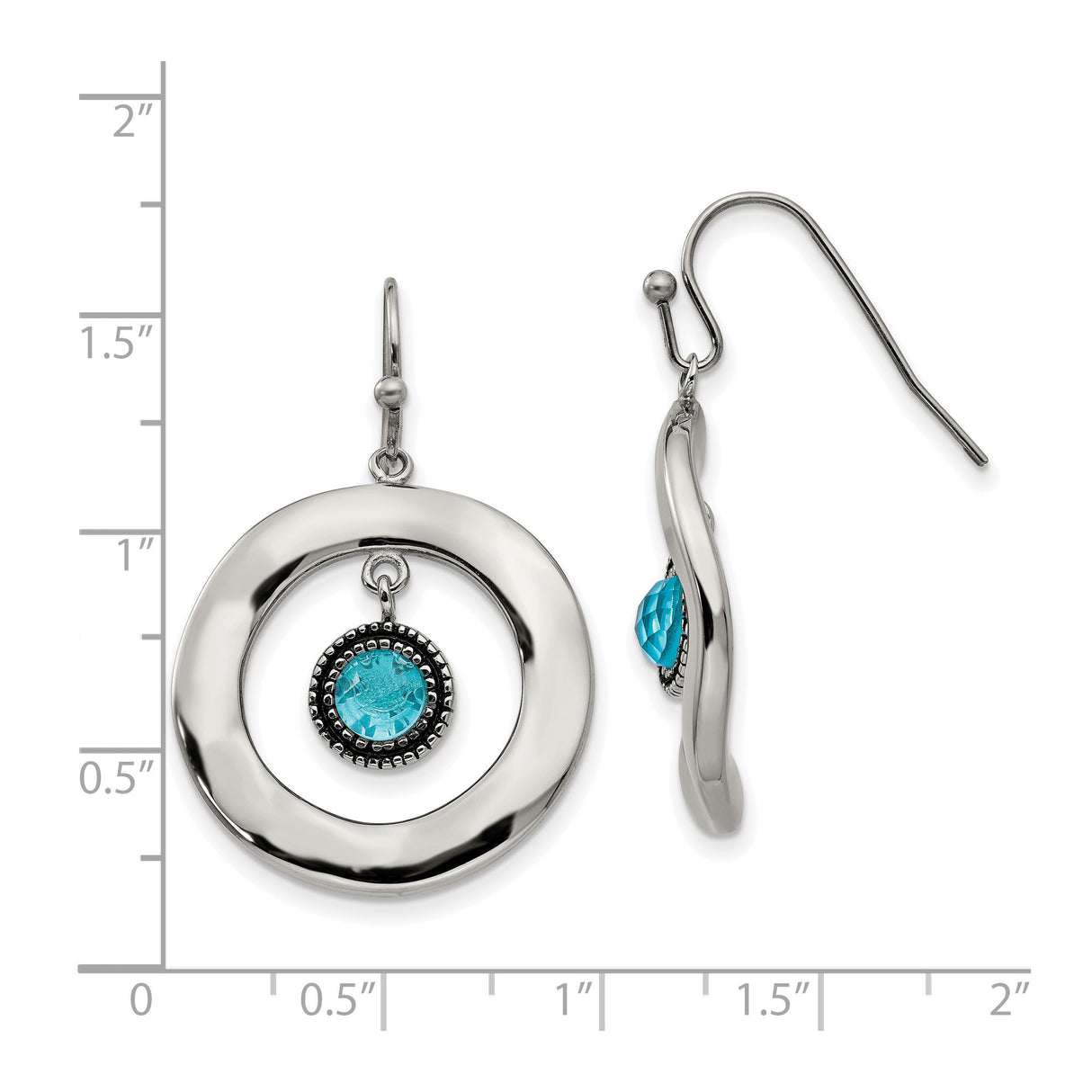 Stainless Steel Dangle Earrings with Faceted Turquoise Blue Glass Stone, Beaded Bezel and Open Circle Design