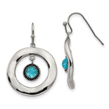 Stainless Steel Dangle Earrings with Faceted Turquoise Blue Glass Stone, Beaded Bezel and Open Circle Design