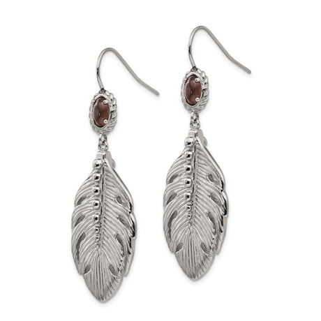 Stainless Steel Dangle Earrings with Smoky Quartz, Feather and Bead Boho Tribal Design