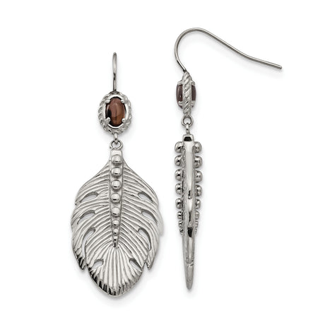 Stainless Steel Dangle Earrings with Smoky Quartz, Feather and Bead Boho Tribal Design