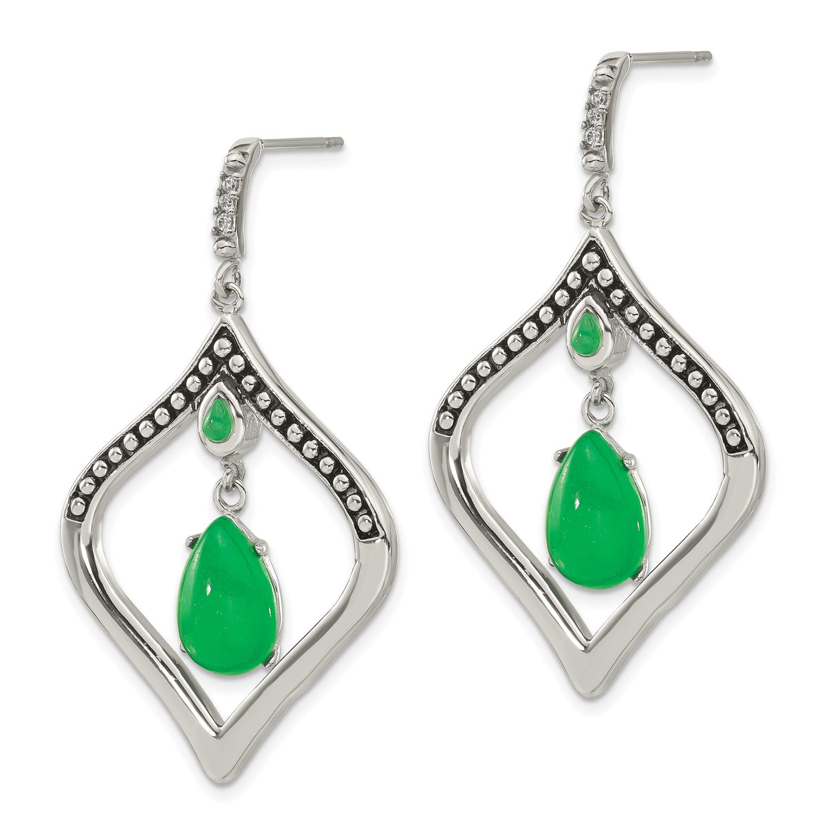 Stainless Steel Dangle Earrings with Created Jade, Teardrop Shape, Black Beads, Diamond Frame Design