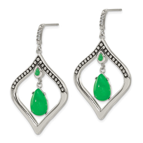 Stainless Steel Dangle Earrings with Created Jade, Teardrop Shape, Black Beads, Diamond Frame Design