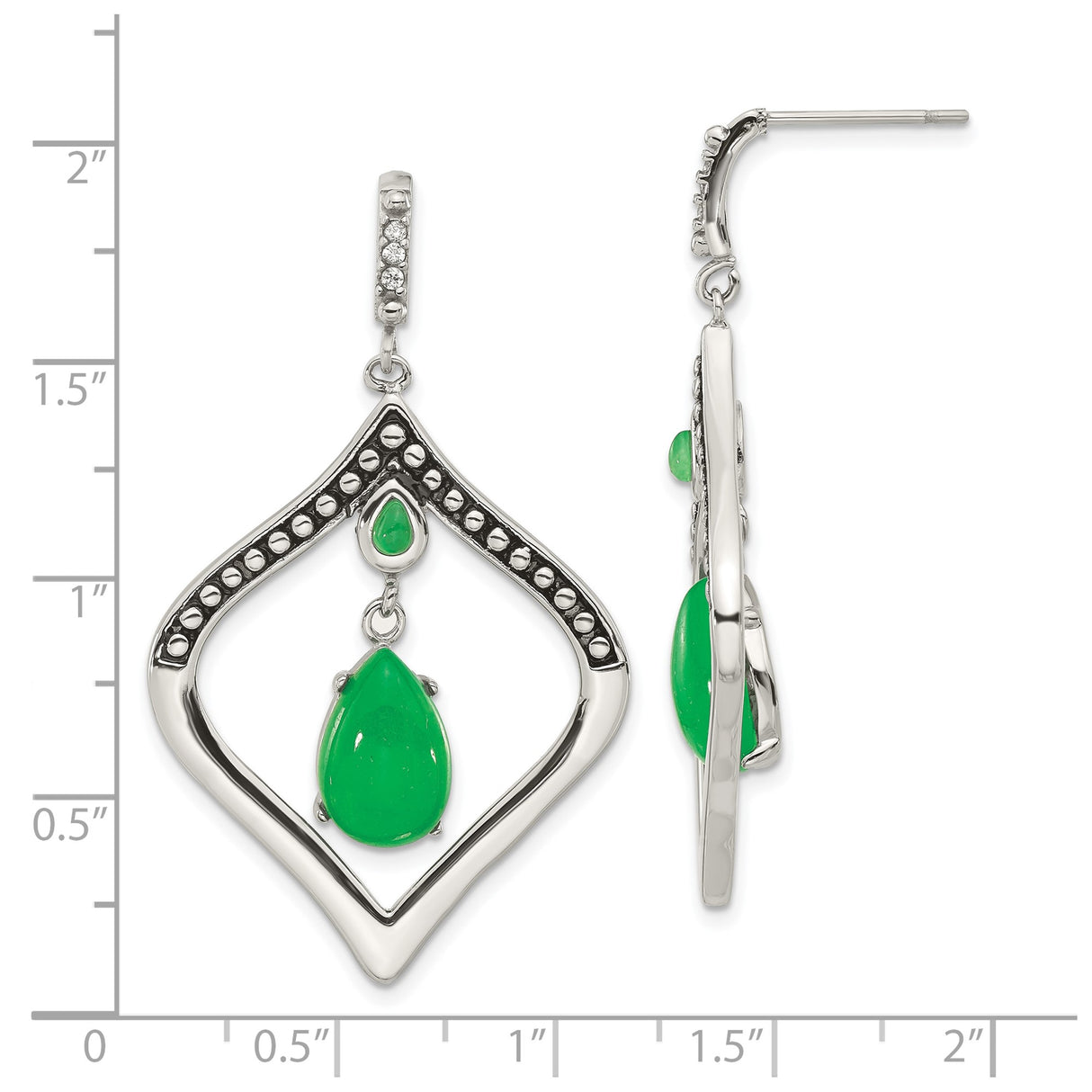 Stainless Steel Dangle Earrings with Created Jade, Teardrop Shape, Black Beads, Diamond Frame Design