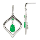 Stainless Steel Dangle Earrings with Created Jade, Teardrop Shape, Black Beads, Diamond Frame Design