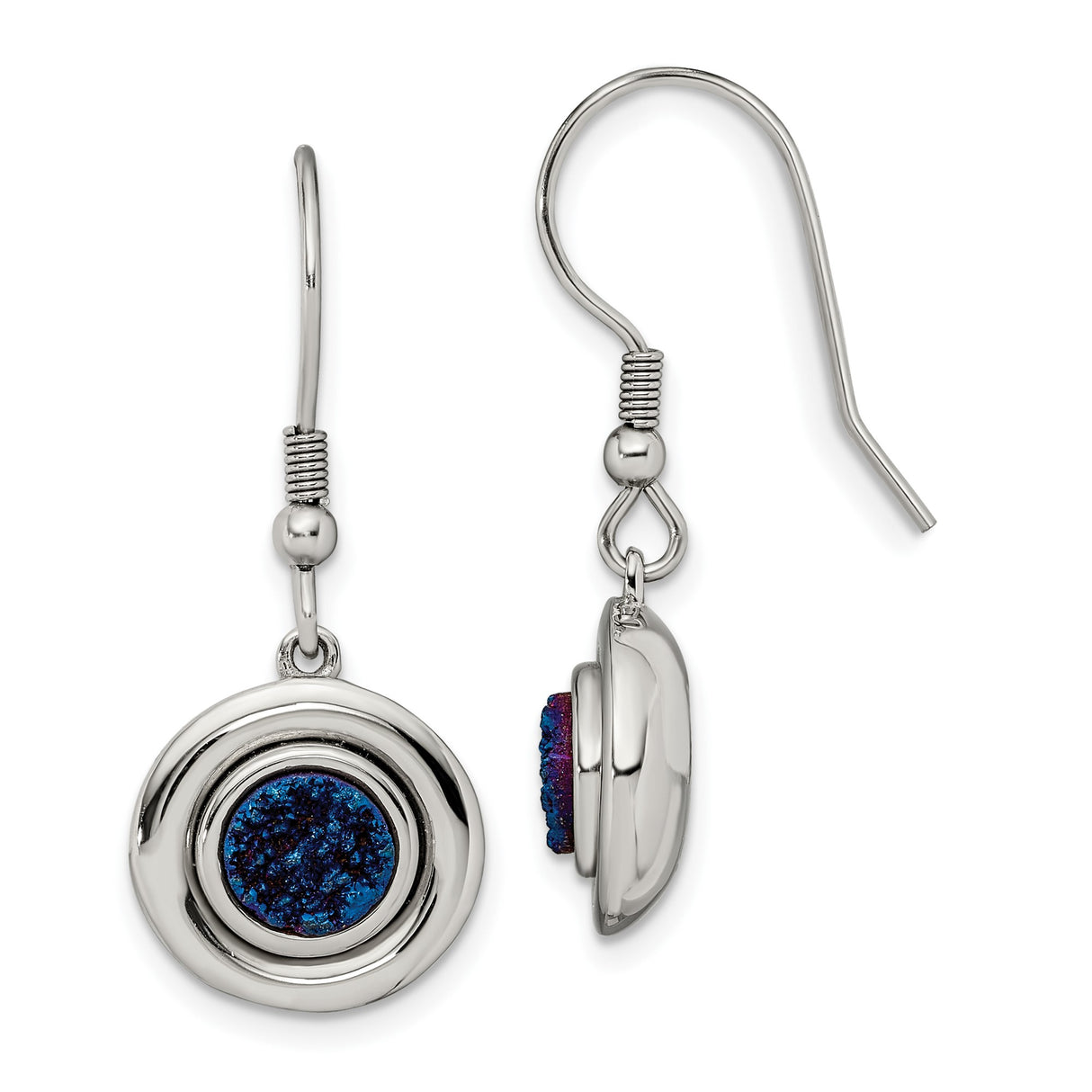Stainless Steel Dangle Earrings with Blue Druzy Stone, Modern Minimalist Hook Style