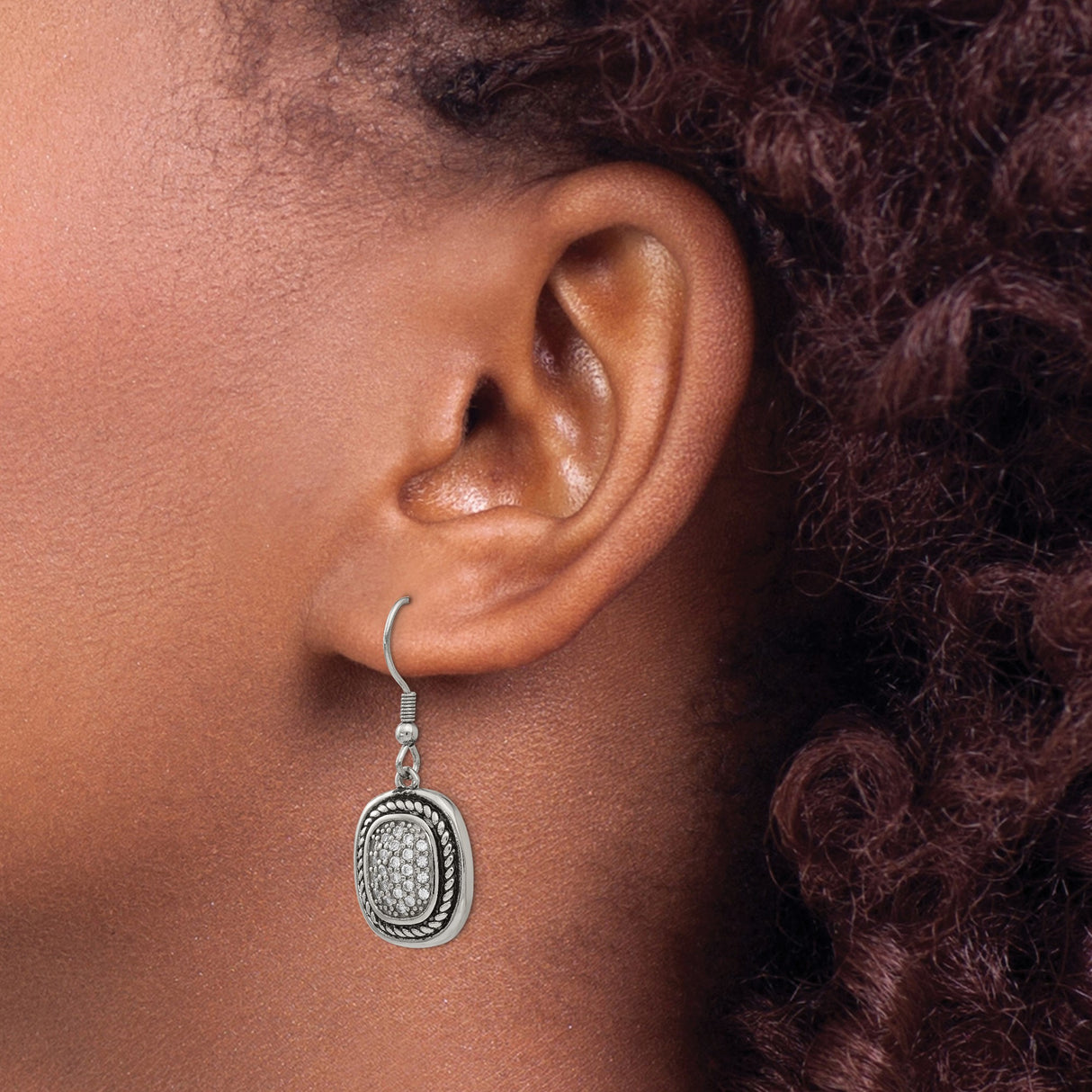 Stainless Steel Dangle Earrings with Cubic Zirconia, Cushion Drop, Vintage Rope Detail