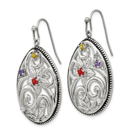 Stainless Steel Teardrop Earrings with Cubic Zirconia, Floral Filigree, Vintage Boho Style