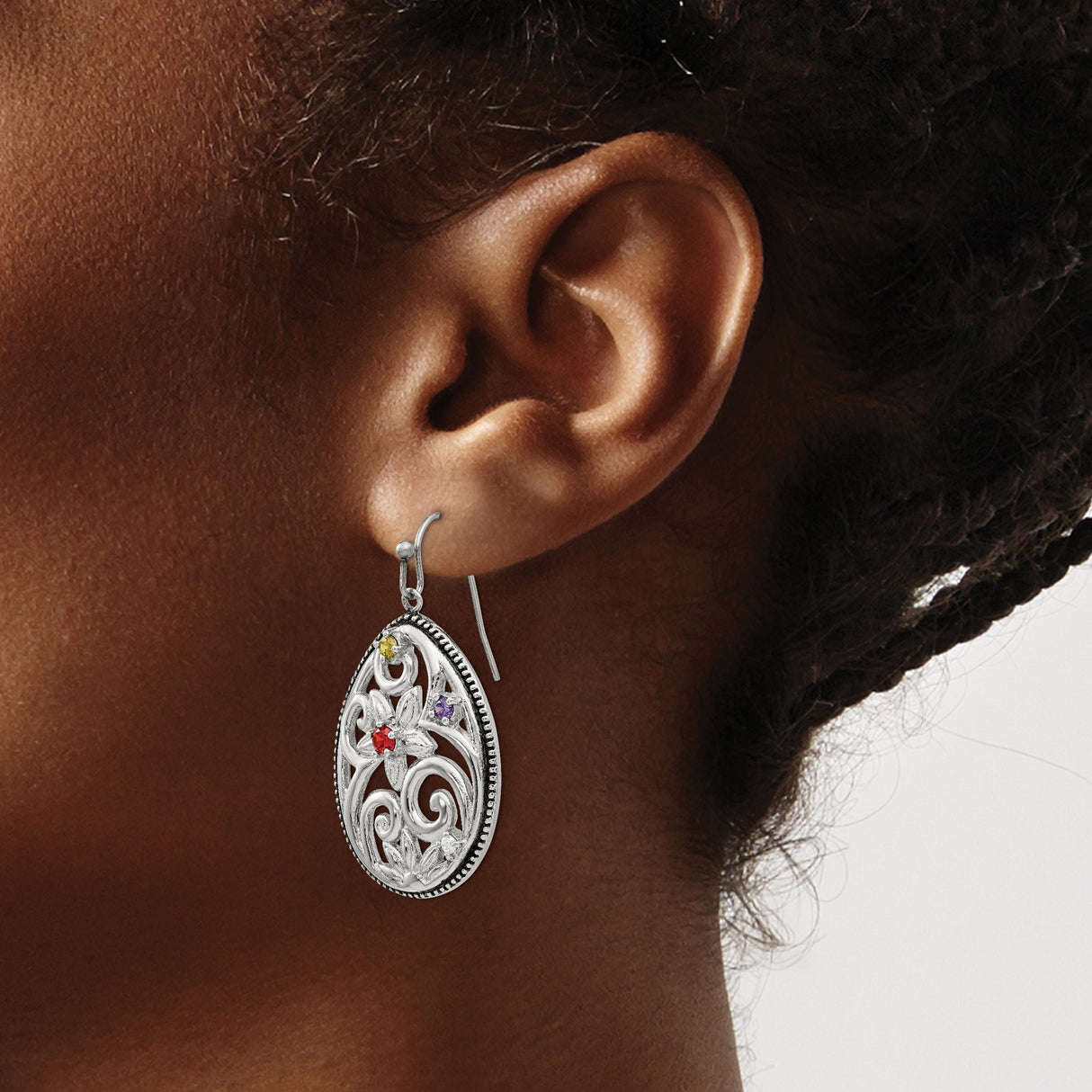 Stainless Steel Teardrop Earrings with Cubic Zirconia, Floral Filigree, Vintage Boho Style