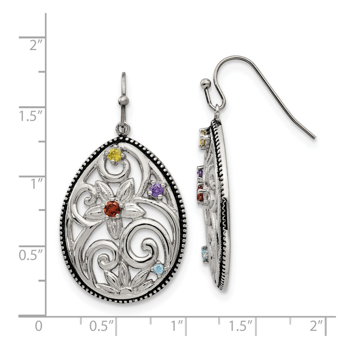 Stainless Steel Teardrop Earrings with Cubic Zirconia, Floral Filigree, Vintage Boho Style