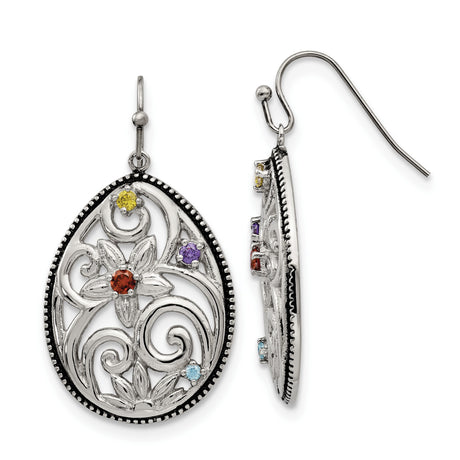 Stainless Steel Teardrop Earrings with Cubic Zirconia, Floral Filigree, Vintage Boho Style