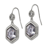 Stainless Steel Dangle Earrings with Faceted Lavender Crystal Hexagon Drop, Cubic Zirconia Accent