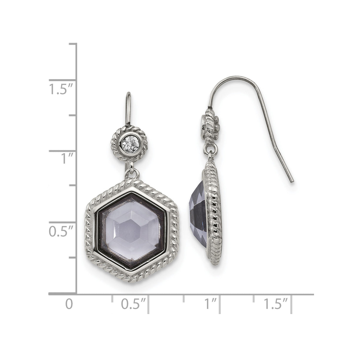 Stainless Steel Dangle Earrings with Faceted Lavender Crystal Hexagon Drop, Cubic Zirconia Accent