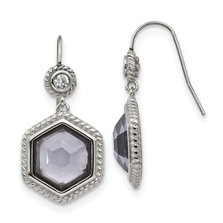 Stainless Steel Dangle Earrings with Faceted Lavender Crystal Hexagon Drop, Cubic Zirconia Accent
