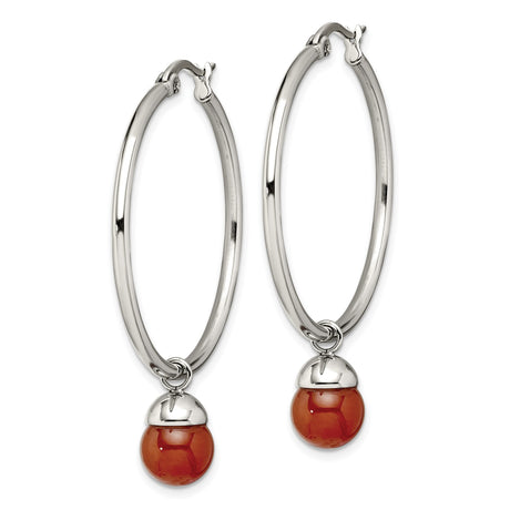 Stainless Steel Hoop Earrings with Red Agate Bead, Silver-Tone Cap, Minimalist Style
