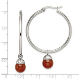 Stainless Steel Hoop Earrings with Red Agate Bead, Silver-Tone Cap, Minimalist Style