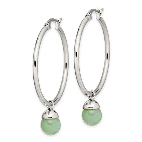 Stainless Steel Hoop Earrings with Green Aventurine Drops, Minimalist Dangle Design for Women