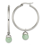 Stainless Steel Hoop Earrings with Green Aventurine Drops, Minimalist Dangle Design for Women