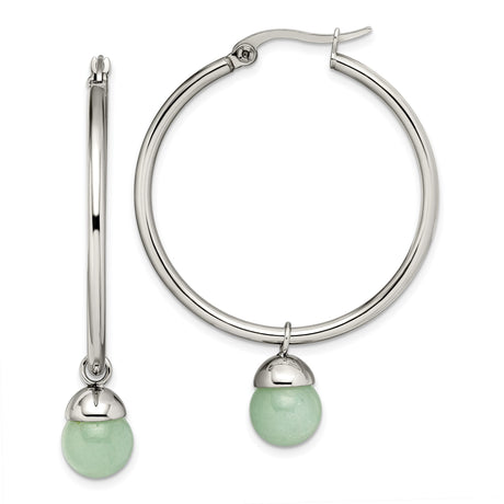 Stainless Steel Hoop Earrings with Green Aventurine Drops, Minimalist Dangle Design for Women