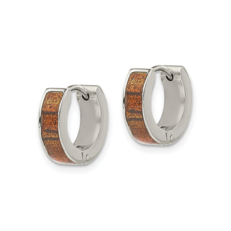 Stainless Steel Hoop Earrings with Textured Brown Inlay, Hinged Closure, Urban Style
