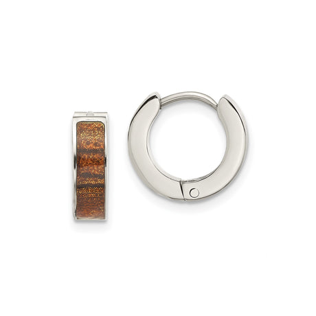 Stainless Steel Hoop Earrings with Textured Brown Inlay, Hinged Closure, Urban Style
